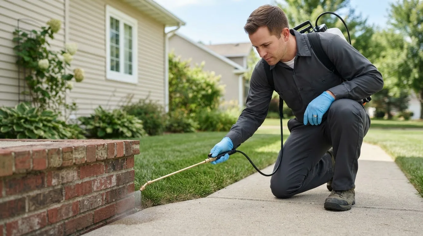 Pest control technician treating a home near Hilger, MT